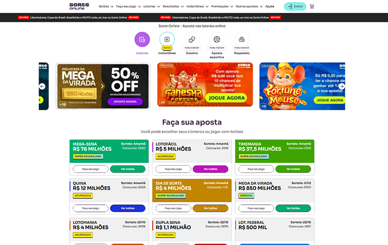 Imagem da página inicial da Sorte Online