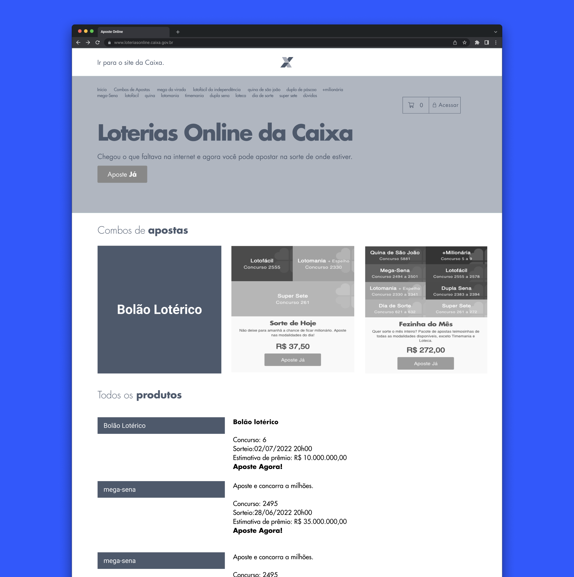 Wireframe da Home do projeto