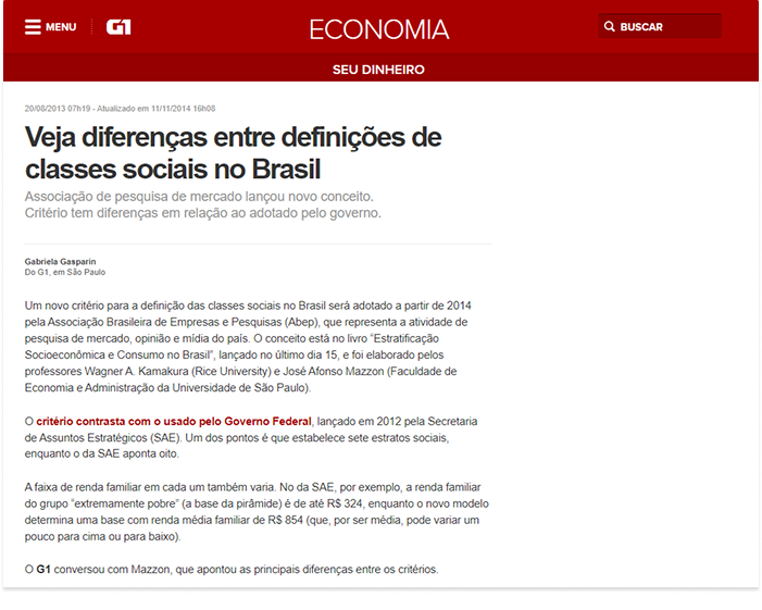 Print da matéria do G1 sobre classes sociais